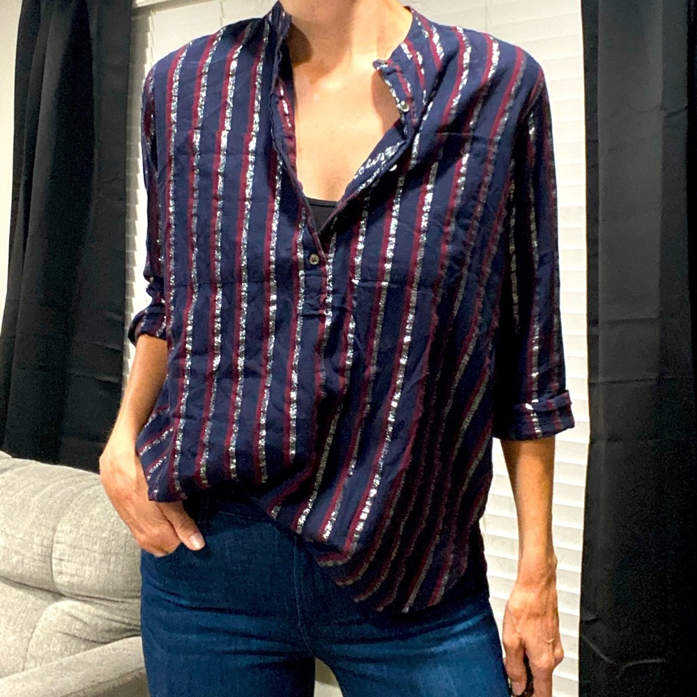 J. CREW Navy, Metallic Stripe Mandarin Collar 3/4 Sleeve Button Down Shirt SZ 4